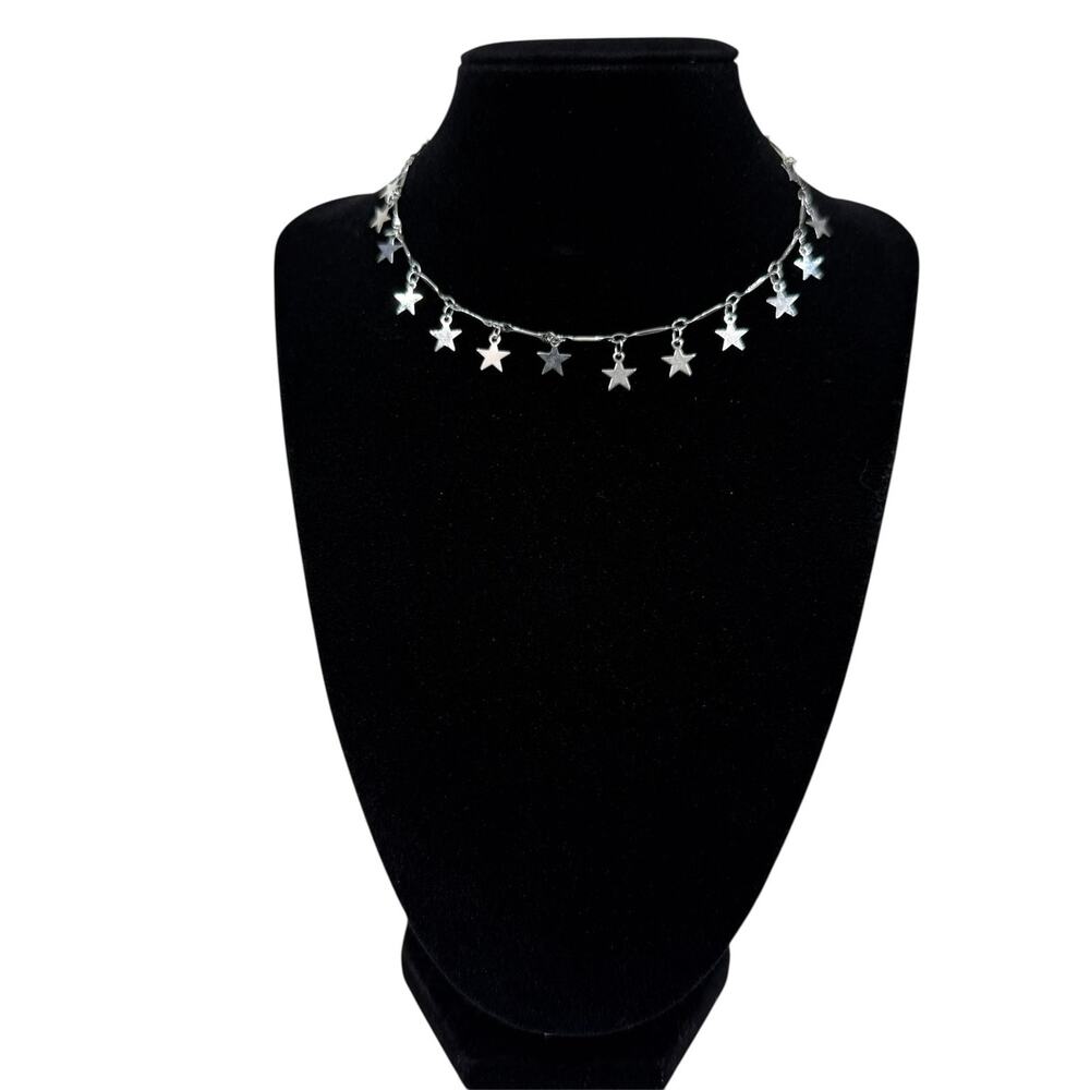 Silver Tone Star Charm Choker Necklace Dainty Dangle Fashion Jewelry 12 in